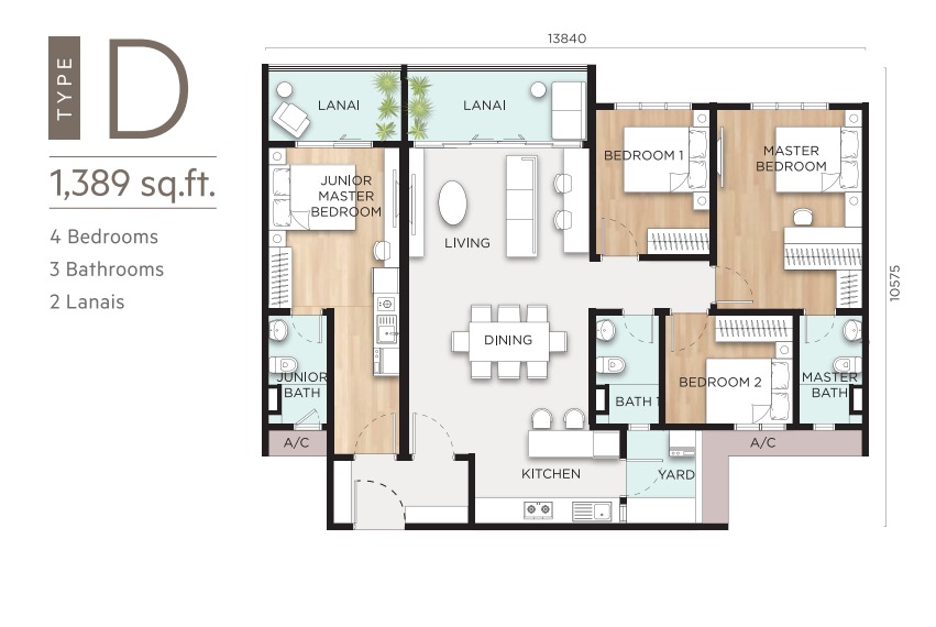 Anya Type D floor plan — 1389 sq ft, 4 bedrooms