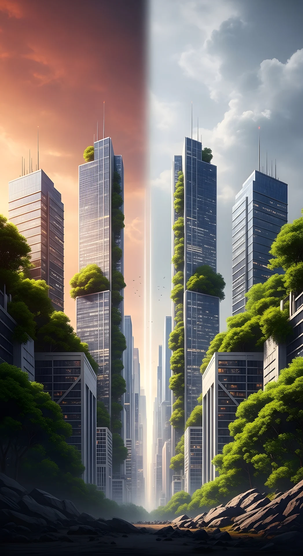 Split View of Eco-Skyscrapers with Vertical Gardens - Free 4K mobile Wallpaper