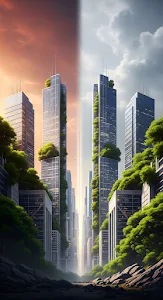 Split View of Eco-Skyscrapers with Vertical Gardens