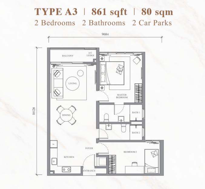 River Park Type A3 floor plan — 996 sq ft, 3 bedrooms