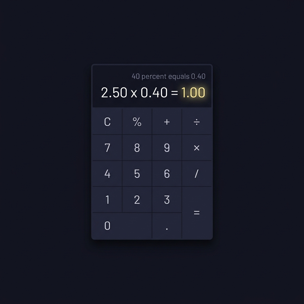 Minimalist calculator display showing step by step conversion of 2.50 to 40 percent with arithmetic 2.50 x 0.40 = 1.00 in dark Funded Plays style aceodds odds converter