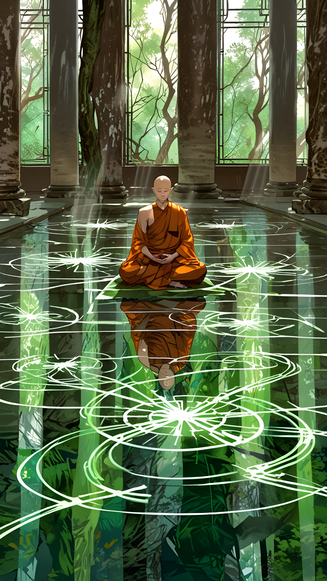 Serene Monk Meditation Reflected in Green Ethereal Water - Free 4K mobile Wallpaper