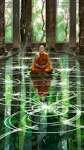 Serene Monk Meditation Reflected in Green Ethereal Water