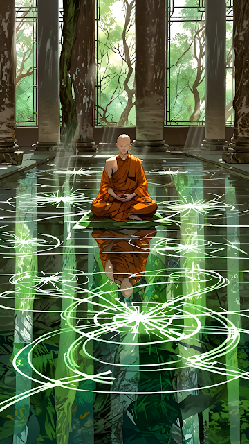 Serene Monk Meditation Reflected in Green Ethereal Water - Free mobile Wallpaper