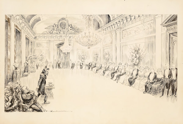 An angry man speaks to a row of seated wealthy men and women in a fancy ballroom