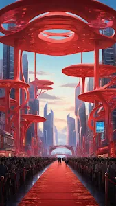 Futuristic city with red canopy structures and crowded red carpet