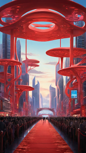 Futuristic city with red canopy structures and crowded red carpet - Free mobile Wallpaper