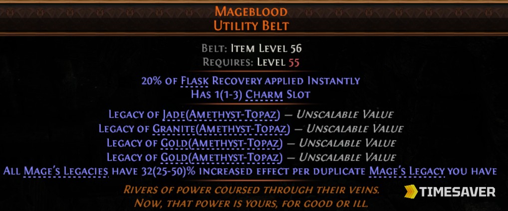 In-game Mageblood Utility Belt tooltip in Path of Exile 2, showing the Level 55 requirement, 20% of Flask Recovery applied Instantly, a Charm Slot, four Mage's Legacy modifiers and the duplicate-scaling line.