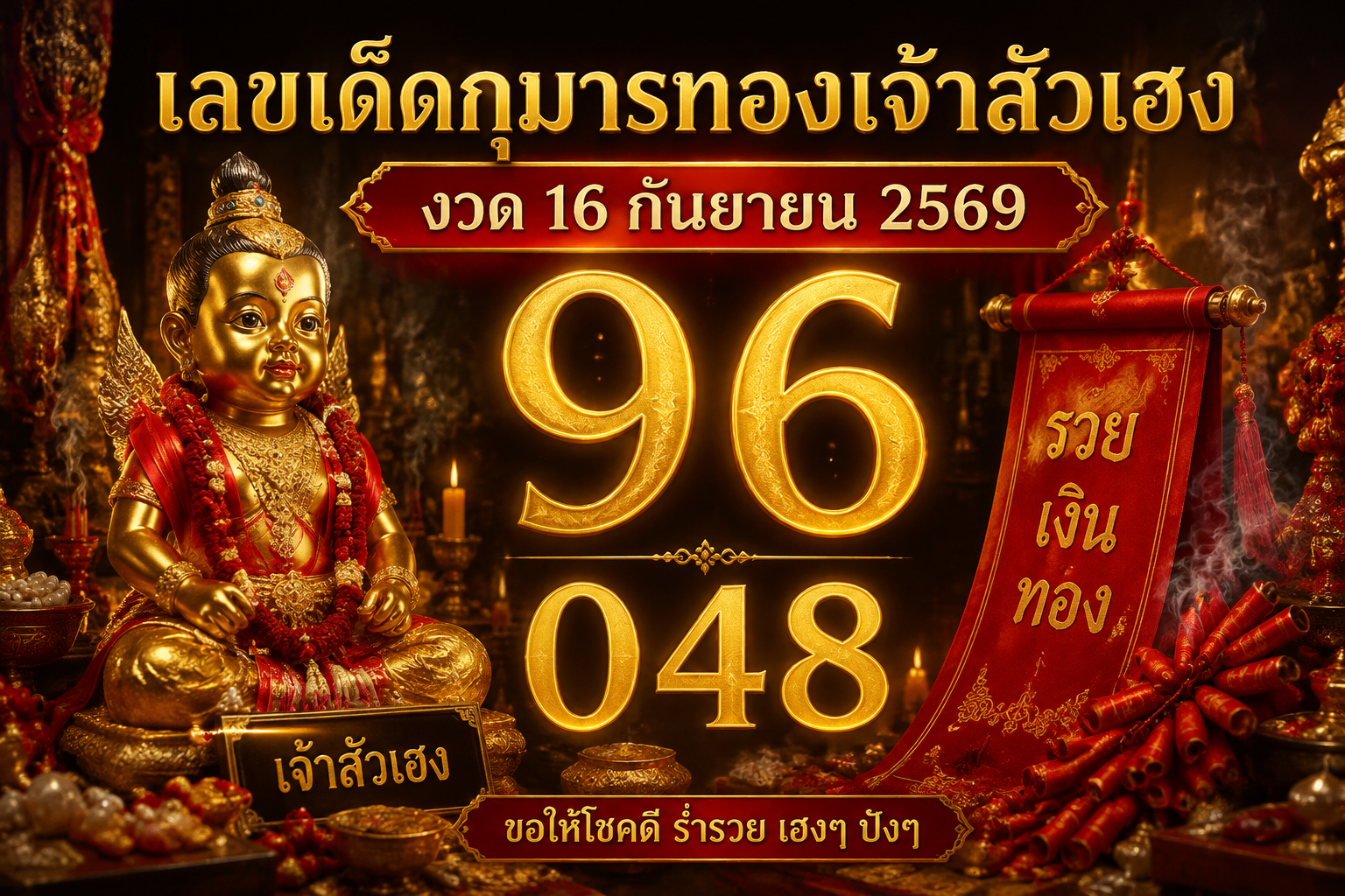 เลขเด็ดกุมารทองเจ้าสัวเฮง งวด 16 กันยายน 2569 ส่องเลขหางประทัดแก้บน 5 พันนัด