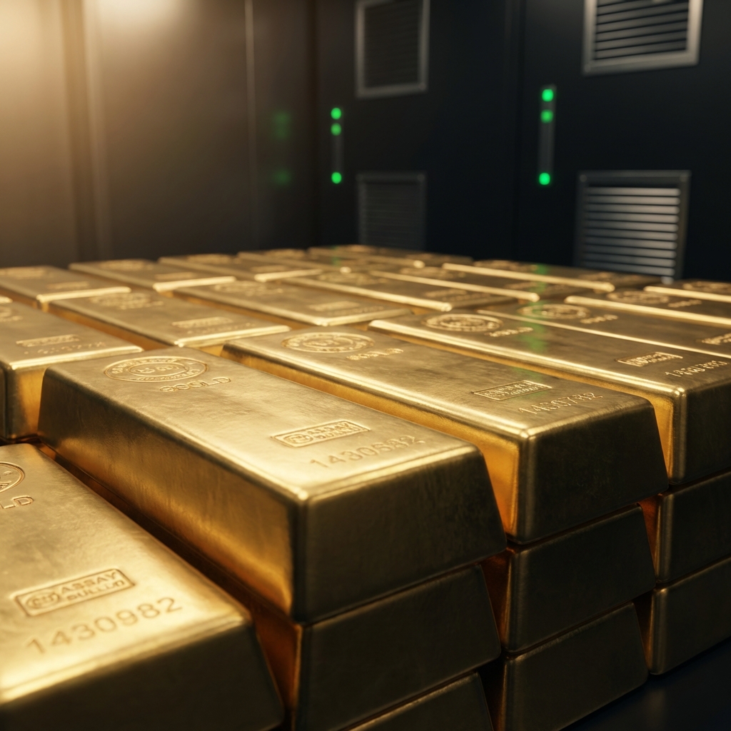 Close up of allocated gold bars in a secure vault with soft warm lighting conveying security and trust how to buy gold on stock market
