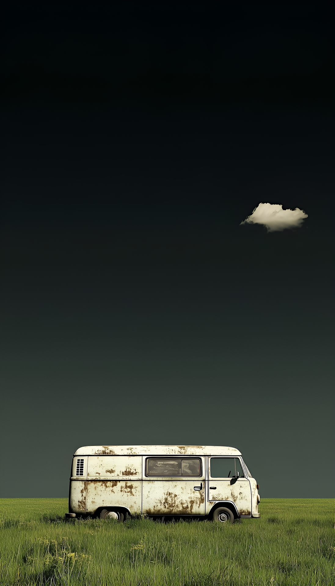 Minimalist Rusty Vintage Van in Dark Green Field - Free 4K mobile Wallpaper