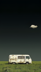 Minimalist Rusty Vintage Van in Dark Green Field