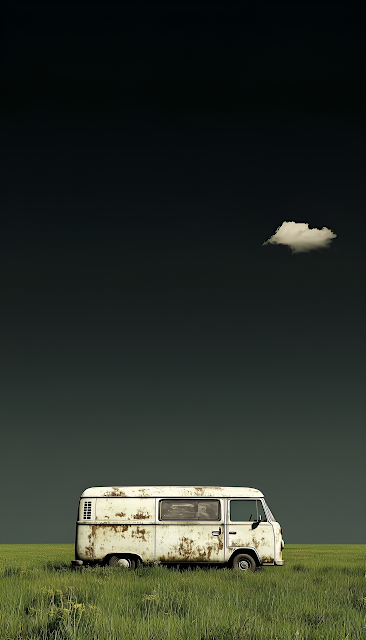 Minimalist Rusty Vintage Van in Dark Green Field - Free mobile Wallpaper