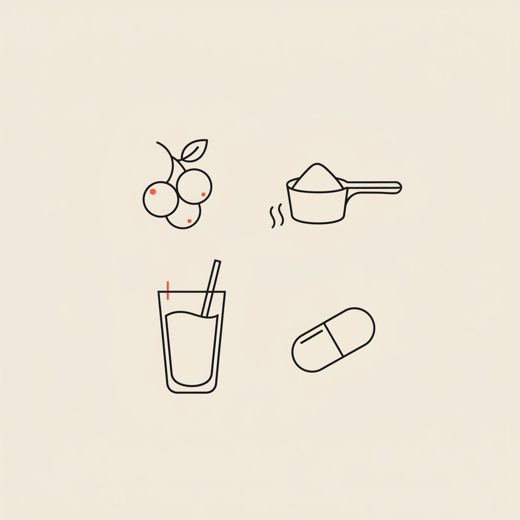 Minimal Tonum-style line illustration of a berry cluster, protein scoop, glass with straw and a capsule on beige background, representing smoothies for belly fat.