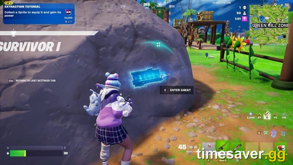 Fortnite Override in-game screenshot of a player at a Cheat Code panel collecting a Sprite, with the Override map minimap visible
