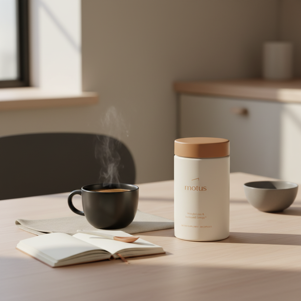 Minimal kitchen table with Motus supplement bottle beside steaming black coffee and a small notebook, evoking a weight-loss morning routine; does coffee burn fat