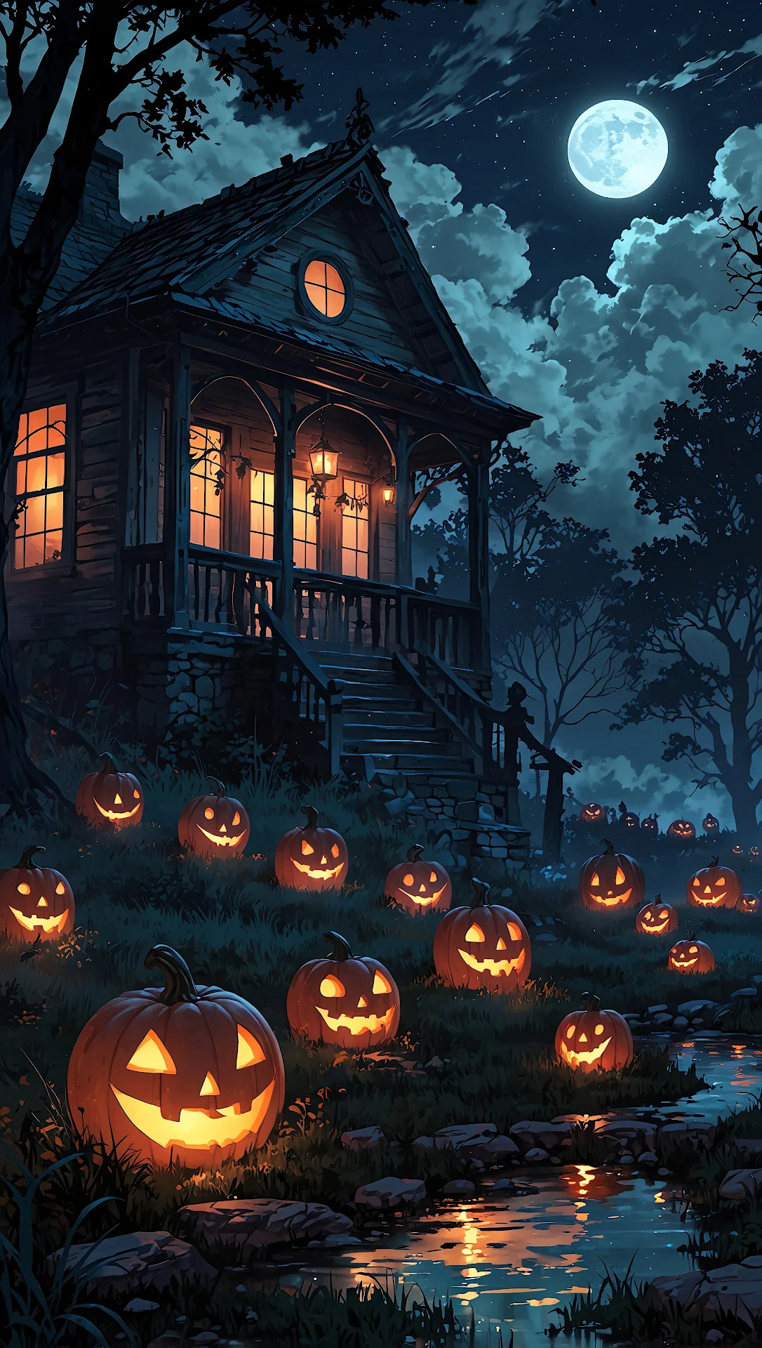 Haunted Halloween House with Glowing Pumpkins Under Full Moon - Free 4K mobile Wallpaper