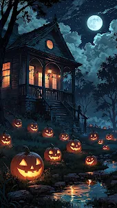 Haunted Halloween House with Glowing Pumpkins Under Full Moon