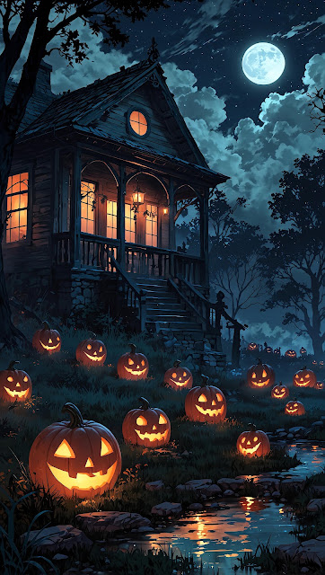Haunted Halloween House with Glowing Pumpkins Under Full Moon - Free mobile Wallpaper