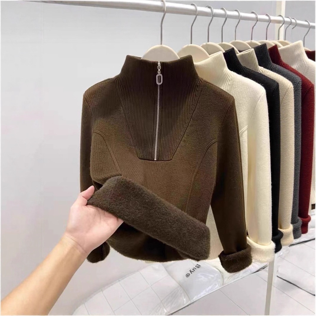 Damen-Strickpullover mit Stehkragen und Fleecefutter