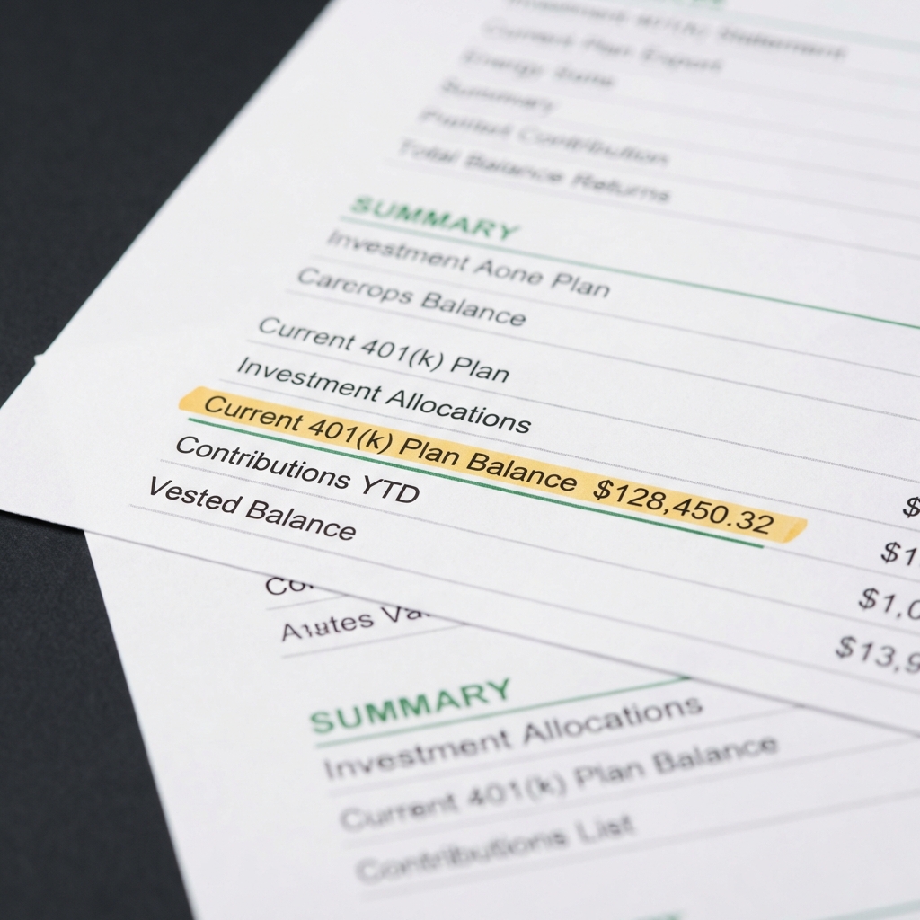 Close up of a printed 401k statement showing a highlighted balance figure on a dark background for retirement planning tips