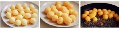 Vo khoai tây thành những viên tròn, nhỏ, lăn qua 1 lớp bột chiên xù. Làm nóng dầu ăn trong chảo, chiên vàng giòn viên khoai tây.