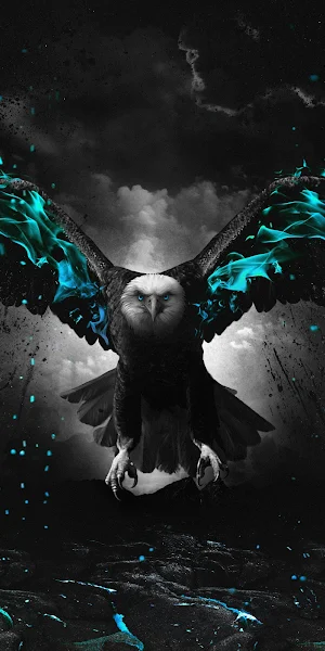 Eagle, Flames, Cyan, Monochrome 5K iPhone Wallpaper Background