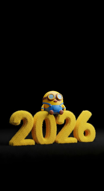 Minimal Dark Mode 3D Render of Cute Yellow Character on Fluffy 2026 Numbers - Free mobile Wallpaper