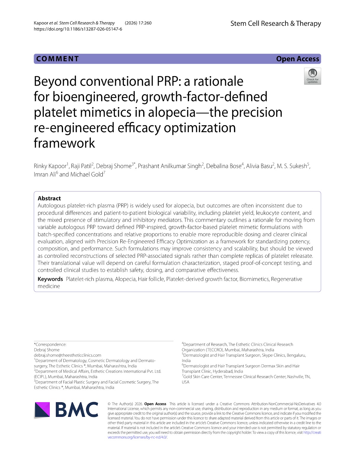 Beyond conventional PRP: a rationale for bioengineered, growth-factor-defined platelet mimetics in alopecia—the precision re-engineered efficacy optimization framework