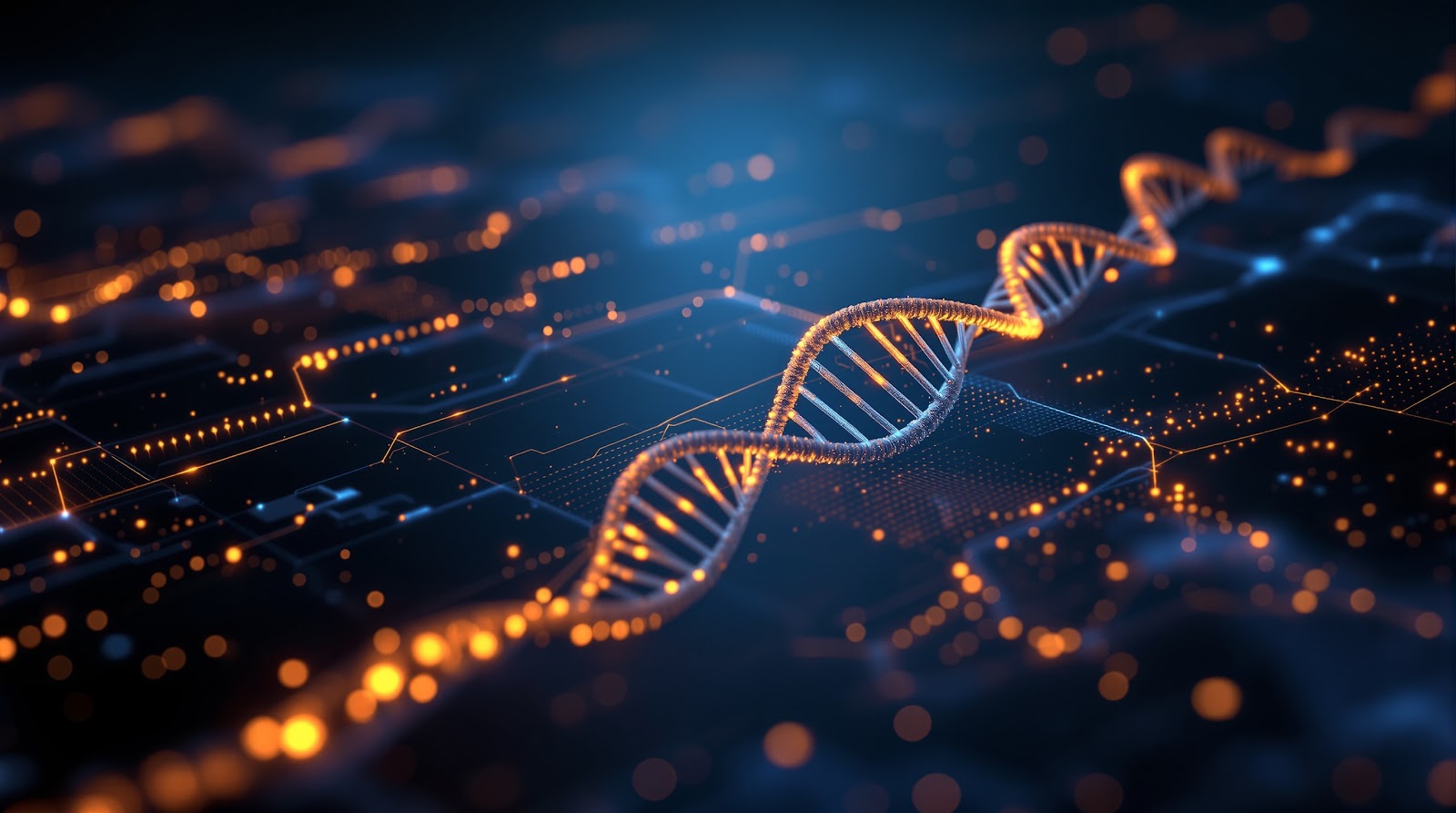 개인 맞춤형 마이크로바이옴 DNA 분석 및 데이터 시각화를 나타내는 미래지향적 이미지