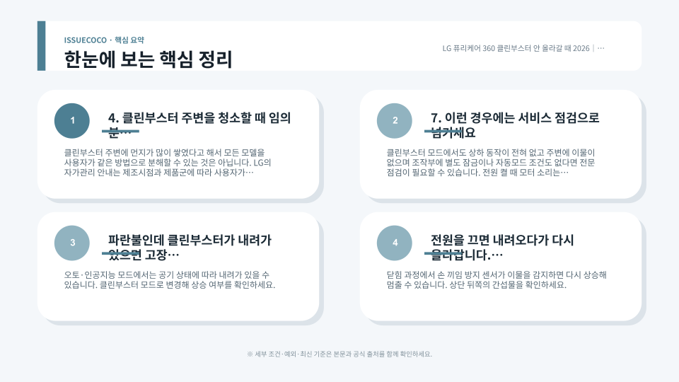 LG 퓨리케어 360 클린부스터 상하 작동 문제를 운전모드, 청정도, 이물, 전원 상태 순서로 점검하는 안내 이미지