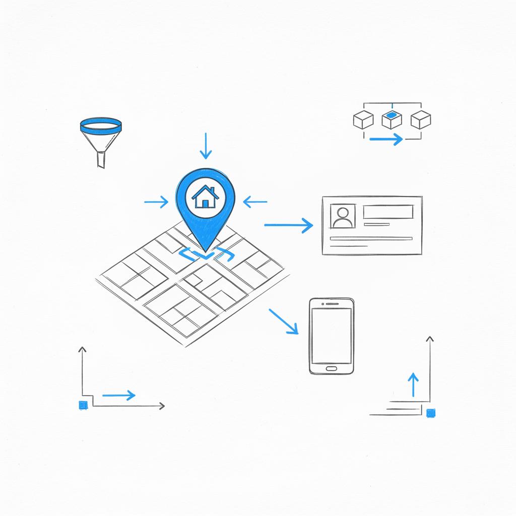 Notebook-style sketch of a local search map with a pinned roof icon over a neighborhood grid, arrows to a business profile card and phone icon, minimal Agency Visible palette for roofing lead generation
