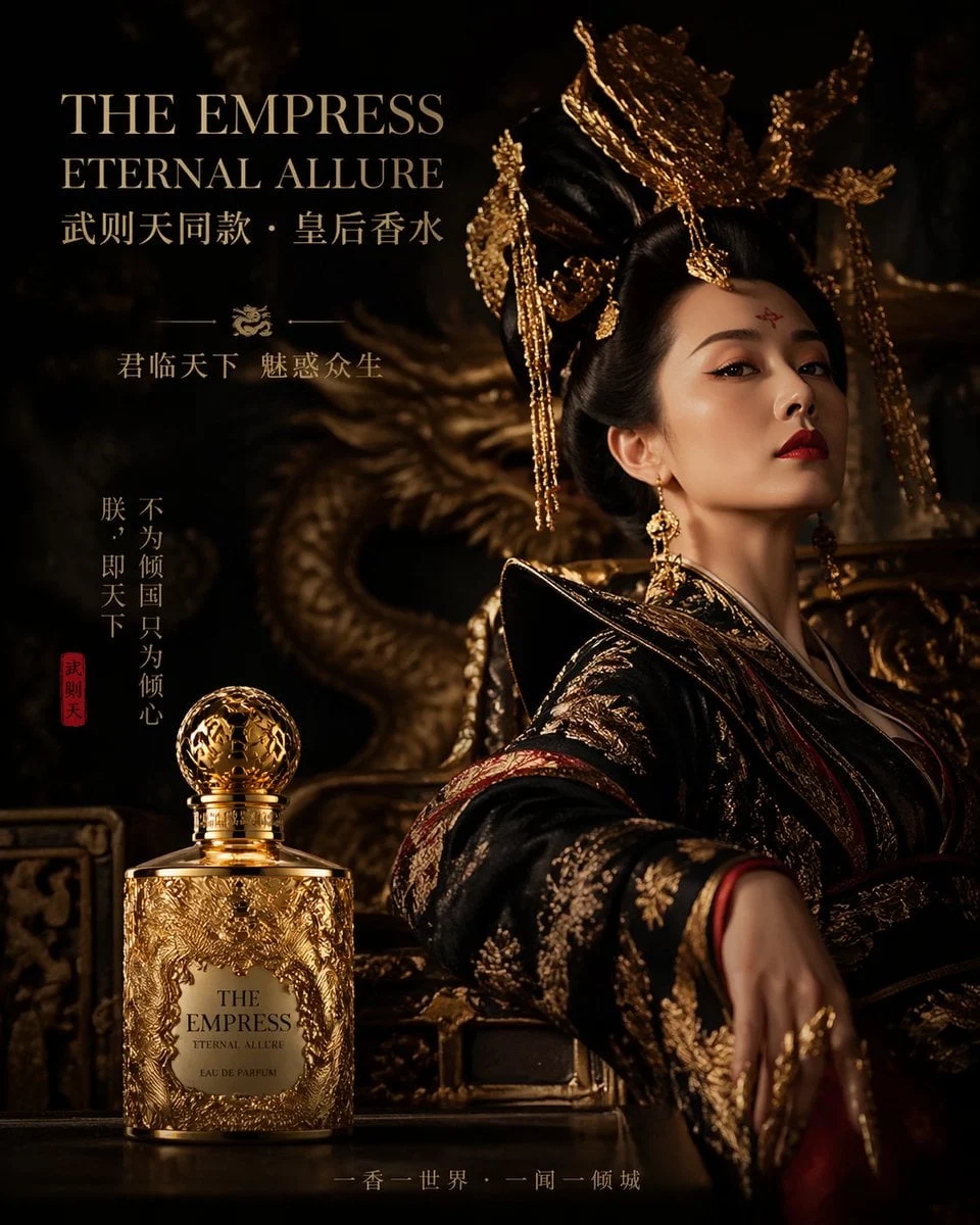 El anuncio del perfume de la emperatriz Wu Zetian presenta un frasco dorado con motivos de dragones, creando una atmósfera cortesana oscura y sofisticada.