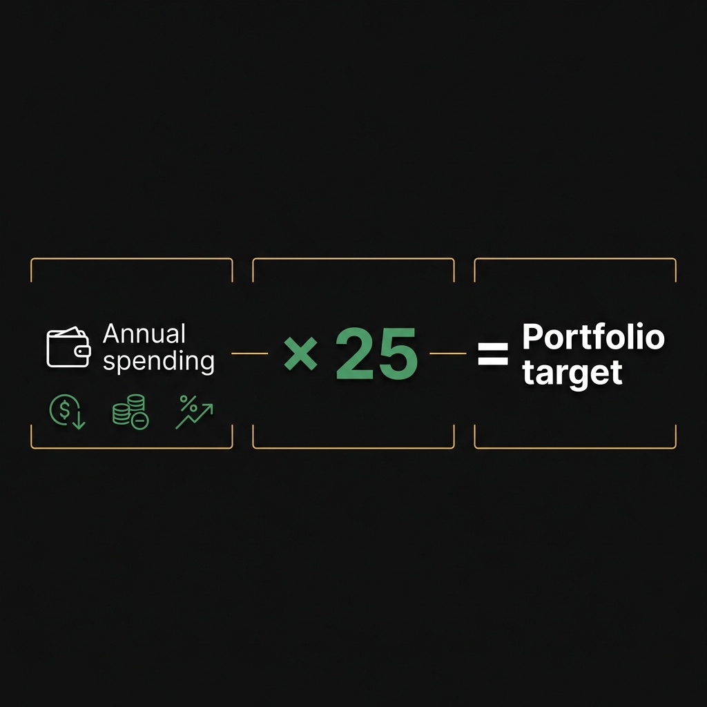 Minimalist infographic showing annual spending times 25 equals portfolio target with small icons for taxes fees and inflation financial independence tips