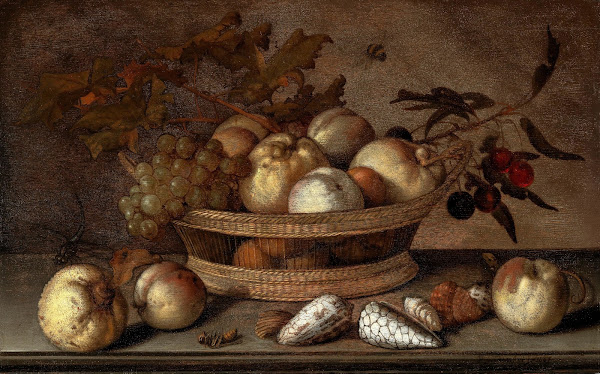 A basket with cherries apples peaches and a bunch of grapes surrounded by apples