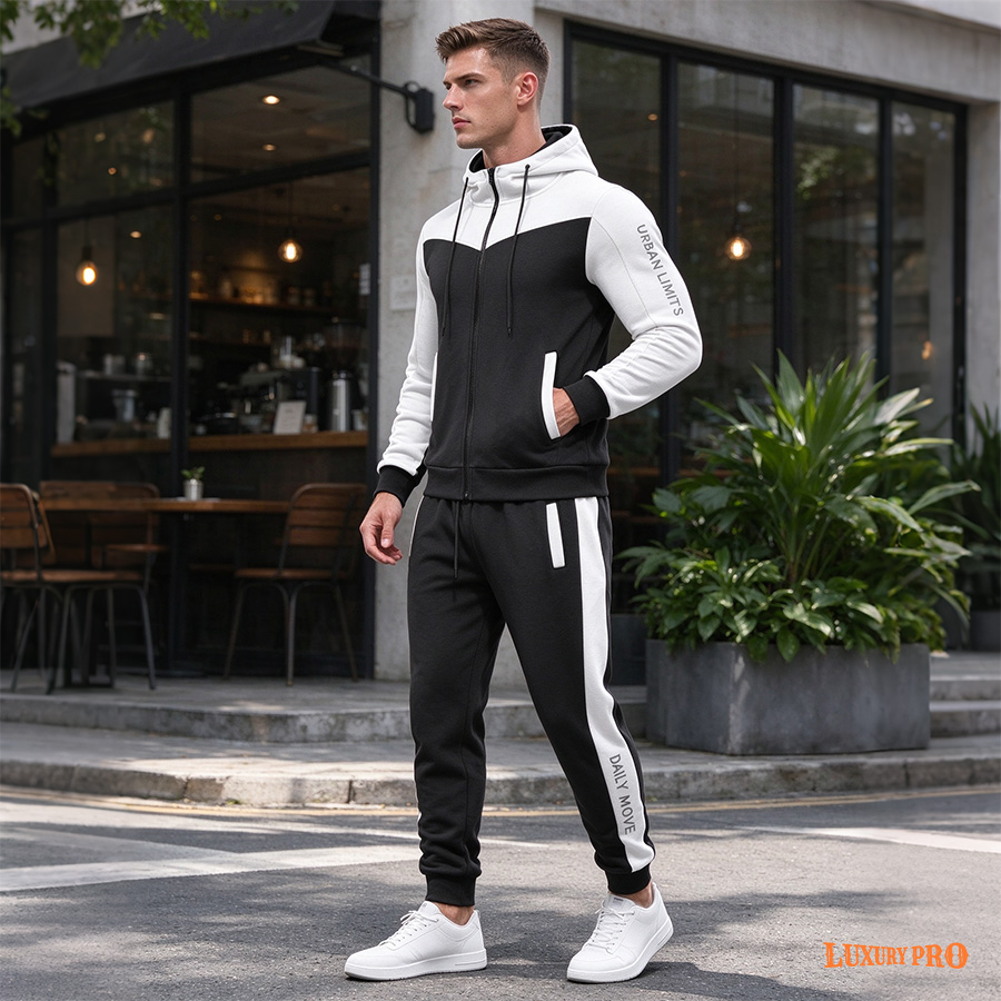 2D Spliced Hooded Zip Up Sweatshirt + Sports Cuffed Jogger Pants