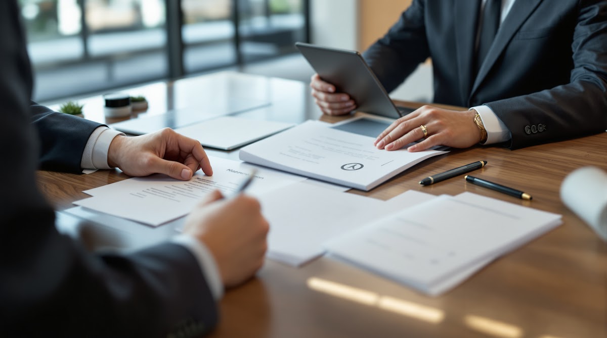 변호사가 국가유공자 재심청구 신청자와 상담하며 법률문서와 진단서를 검토하는 모습, 실제 소송 서류 작성 현장, 보훈부 서류 접수 창구 등 전문가 대리 진행 상황 구체 묘사