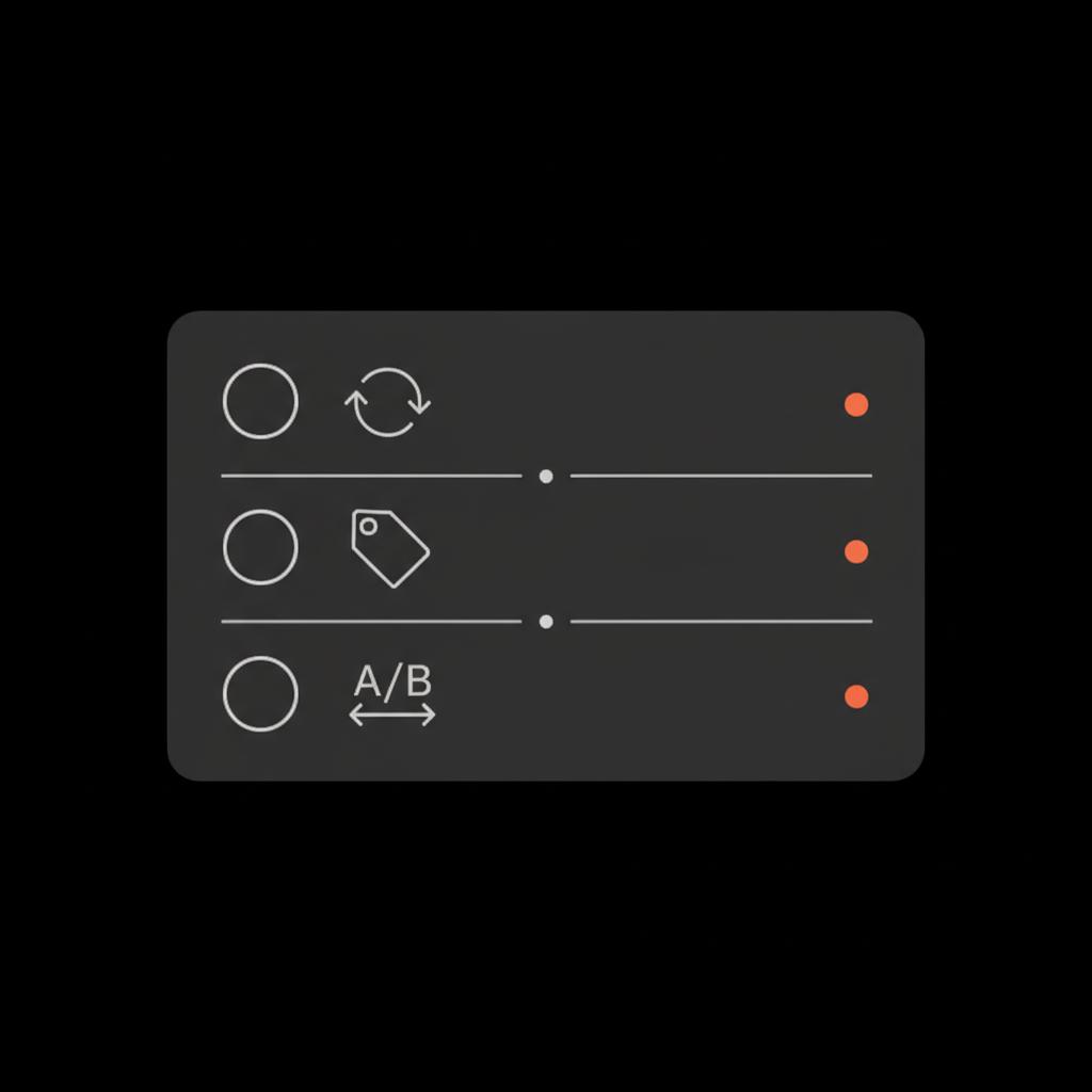 Minimal vector checklist card with three icons for rotate pools, audit tags, and A/B test on a black background using #dddddd icons and #dc5c2b accents — can hashtags hurt reach