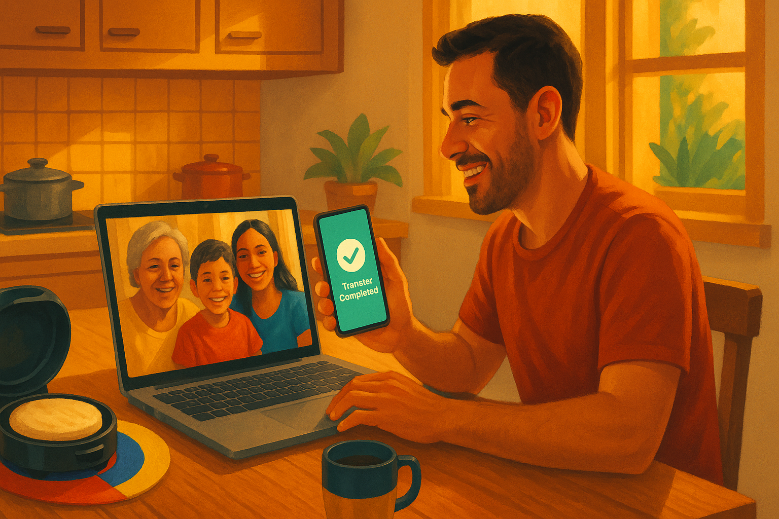 Familia recibiendo remesas en Venezuela con opción de transferencia bancaria segura