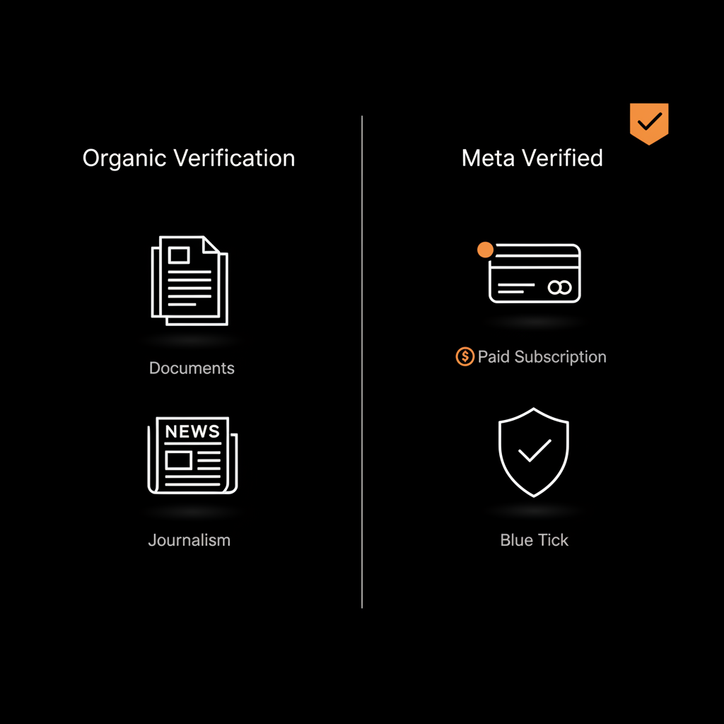 Minimal infographic comparing Organic Verification (papers, news icon) and Meta Verified (credit card, shield) — does a blue tick cost money?