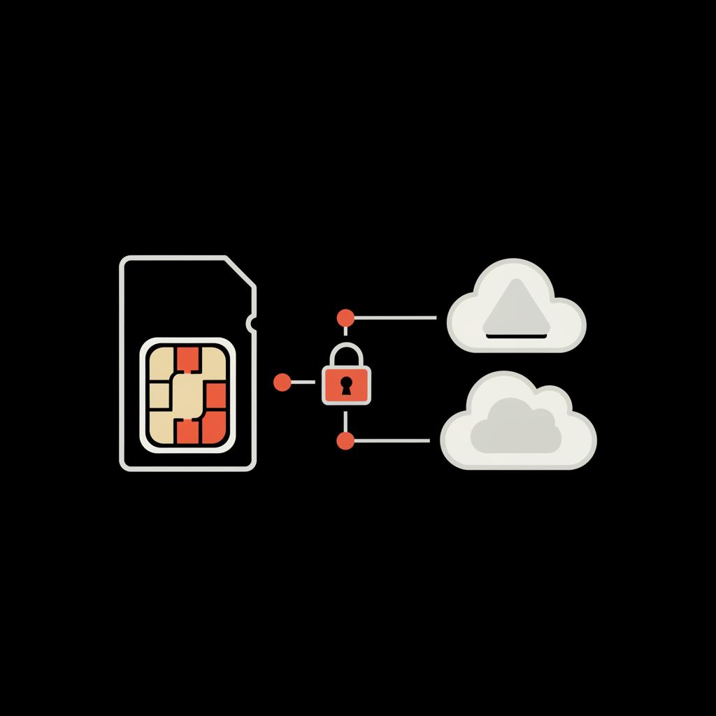Minimal 2D vector close-up of a SIM card, stylized cloud drive icons and a padlock illustrating encrypted backups to verify WhatsApp on a black background