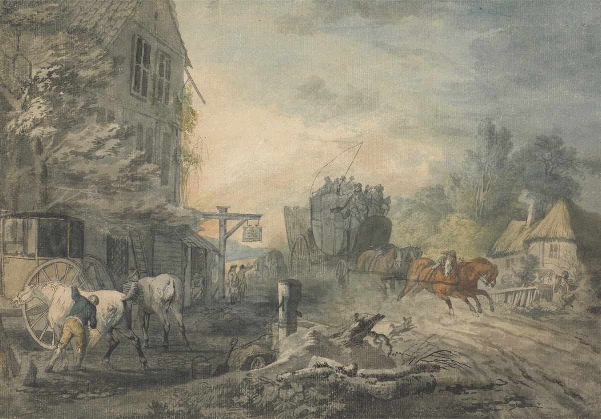 A Stagecoach and Four Dashing Through a Village on the Bath London Road ca 1787