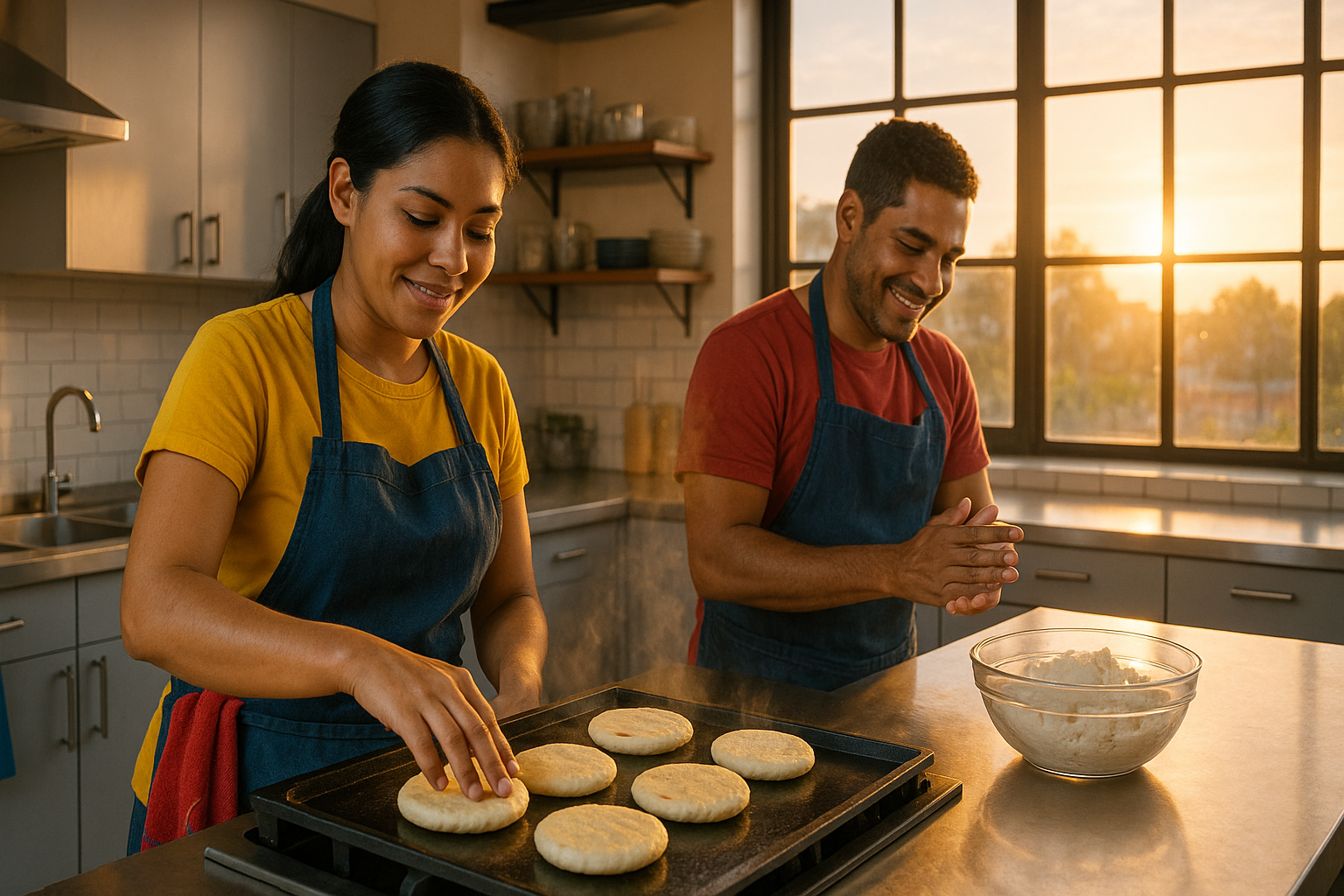 Venezolanos cocinando arepas en una cocina compartida moderna y luminosa
