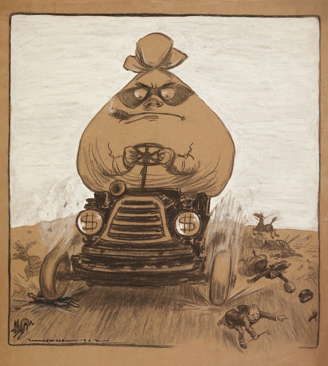 A man represented as a large bag of money with a robber mask knocks over small p