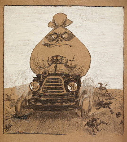 A man represented as a large bag of money with a robber mask knocks over small p