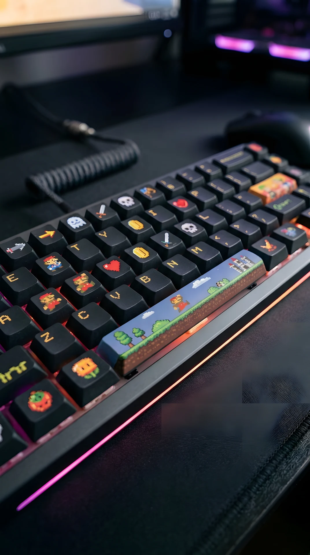 Close-Up Photo of a Mechanical Keyboard with Custom Pixel Art Keycaps - Free 4K mobile Wallpaper