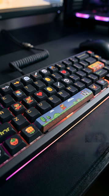 Close-Up Photo of a Mechanical Keyboard with Custom Pixel Art Keycaps - Free mobile Wallpaper