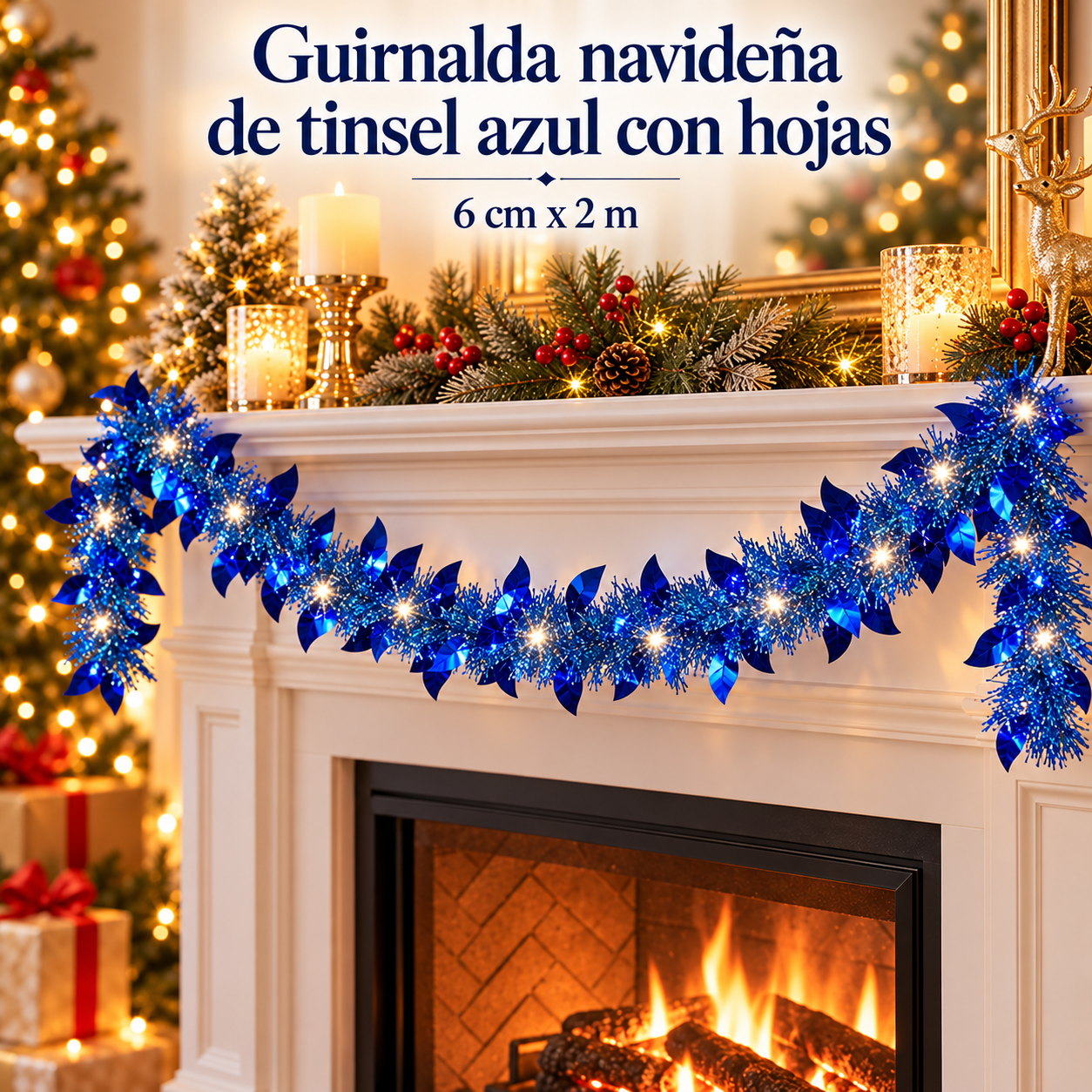 Guirnalda navideña de tinsel azul con hojas 6 cm x 2 m