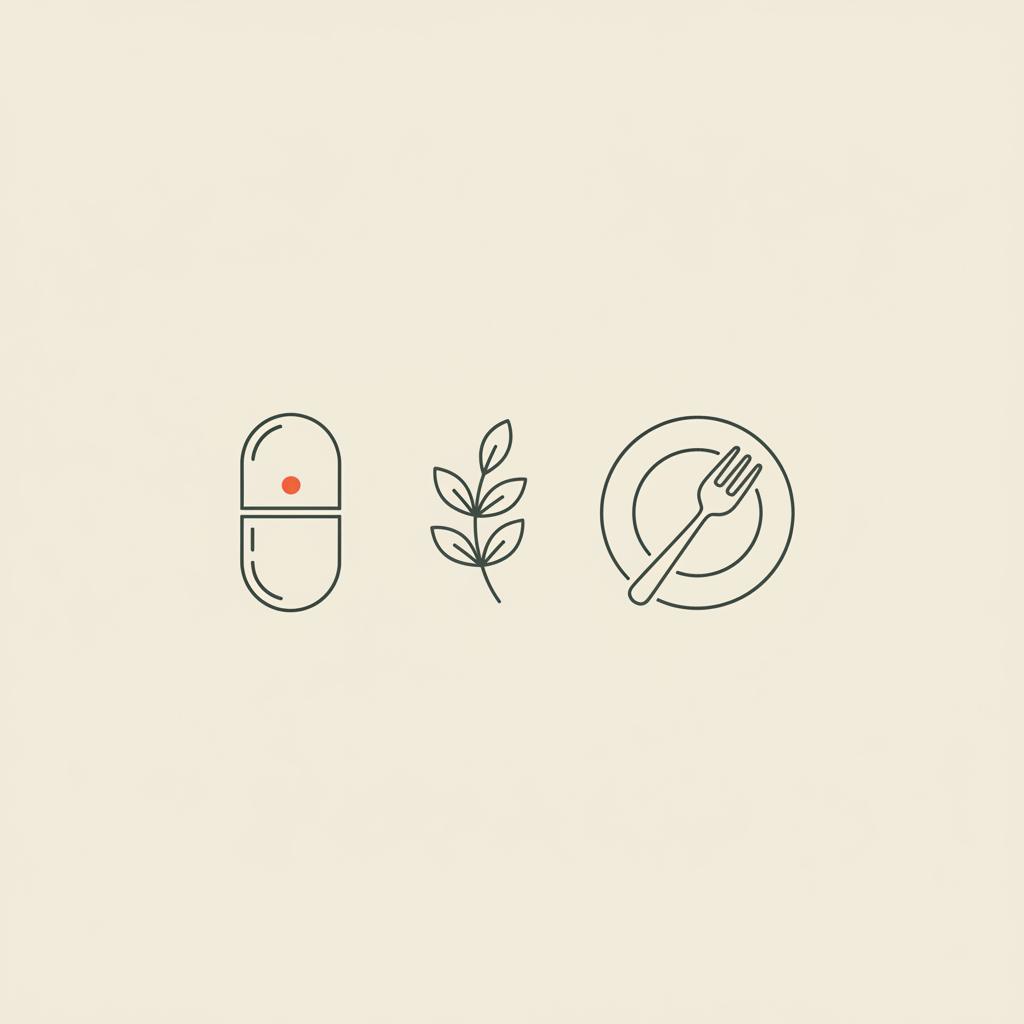 Minimal Tonum-style line illustration of a capsule, plant sprig, and plate with fork on beige background — berberine weight loss timeline