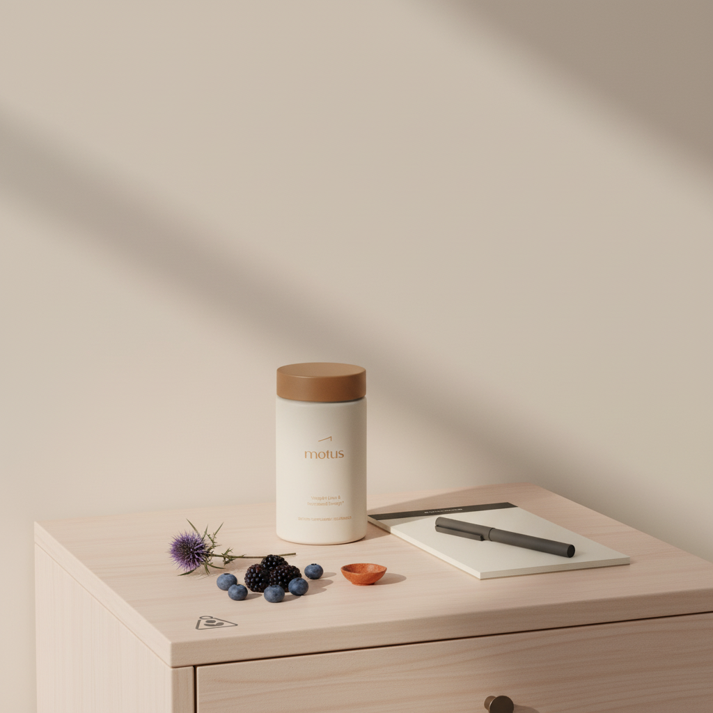 Minimalist bedside scene with Tonum memory supplement jar on table beside a notepad, pen, berries and milk thistle in soft morning light — memory supplement